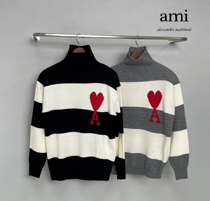 AMI 아미 편직하트 스트라이프 터틀넥 - 2 Color