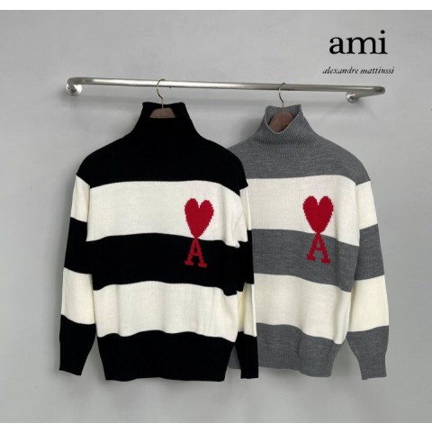 AMI 아미 편직하트 스트라이프 터틀넥 - 2 Color