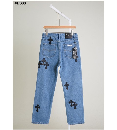 크롬하츠 블랙 레더 세메테리 패치 테이퍼드핏 데님 팬츠