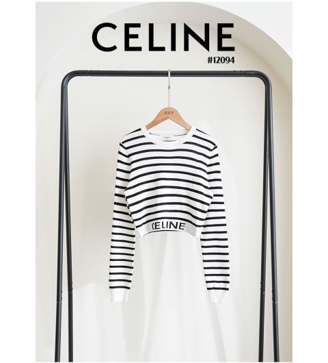 셀린느 여성 스트라이프 레터링 크롭 티셔츠