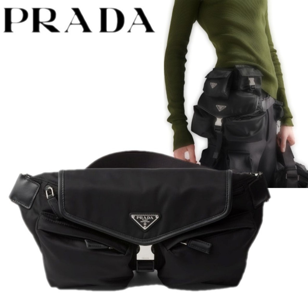 프라다 나일론 삼각 로고 투 포켓 숄더 백