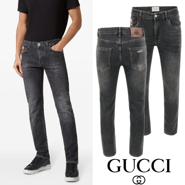 구찌 더블로고 레터링 자수 흑청 슬림진