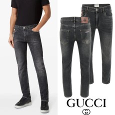 구찌 더블로고 레터링 자수 흑청 슬림진