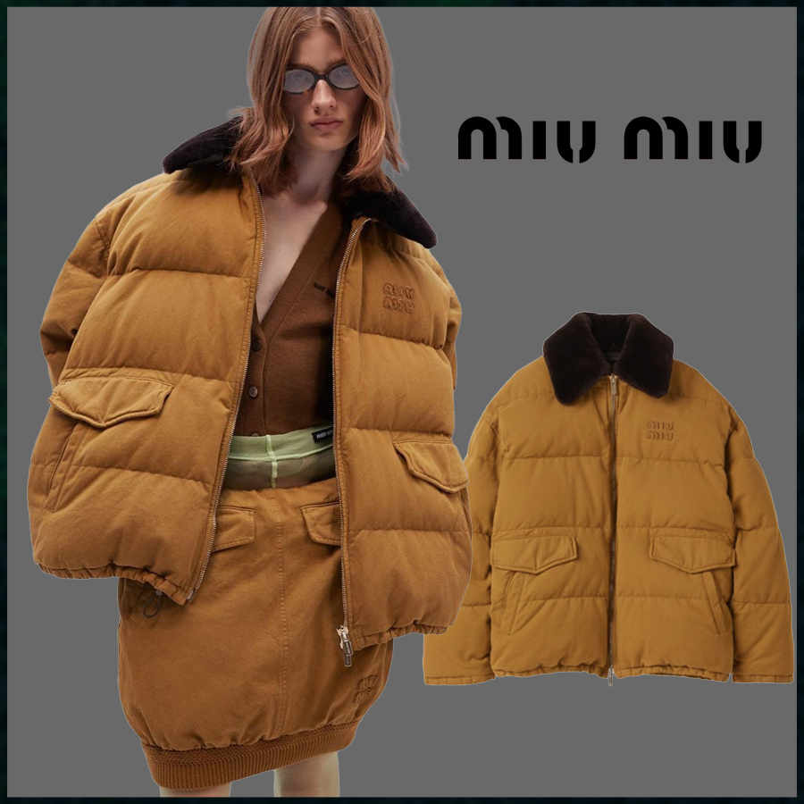 미우미우 여성 로고 자수 개버딘 패딩 다운자켓