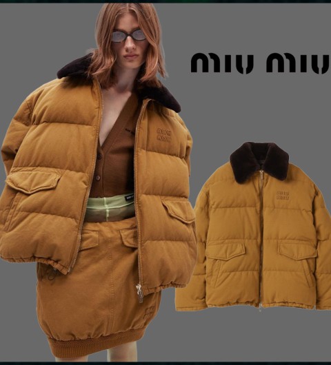 미우미우 여성 로고 자수 개버딘 패딩 다운자켓