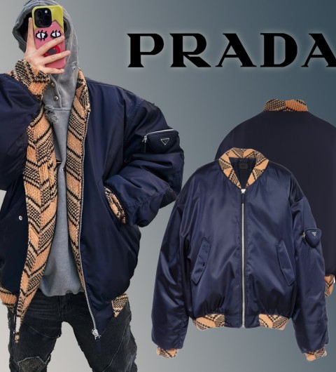 프라다 오버사이즈 리나일론 니트 봄버 패딩 자켓 -네이비-