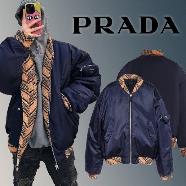 프라다 오버사이즈 리나일론 니트 봄버 패딩 자켓 -네이비--레플리카 사이트 쇼핑몰