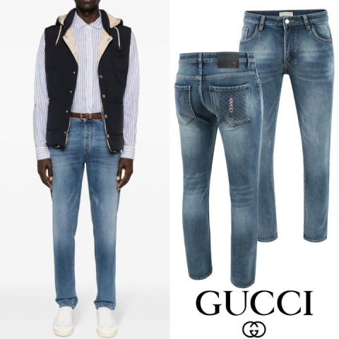 구찌 자가드 버티컬 자수 융기모 슬림진