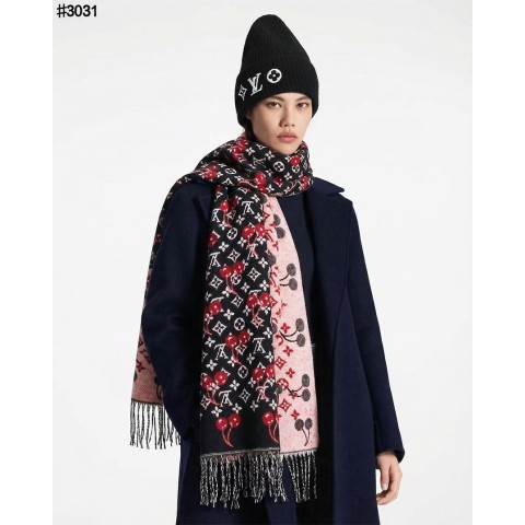 루이비통 모노그램 체리 울 자카드 태슬 숄 머플러 - 2 Color