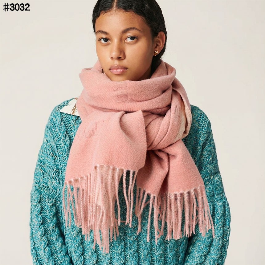 미우미우 엠브로이드 로고 울 자카드 태슬 숄 머플러 - 2 Color