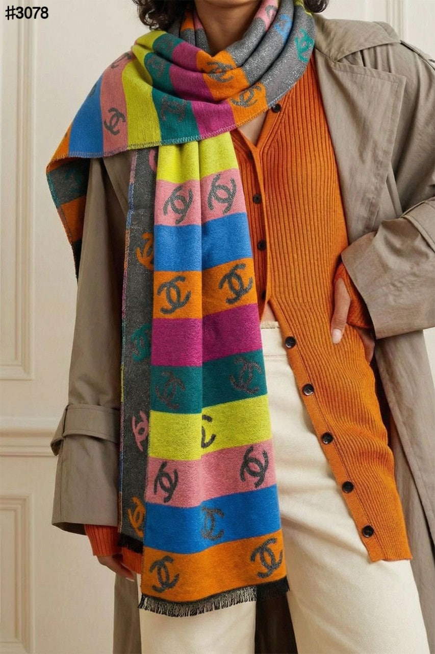 샤넬 CC 멀티컬러 레인보우 울 자카드 숄 머플러 - 2 Color
