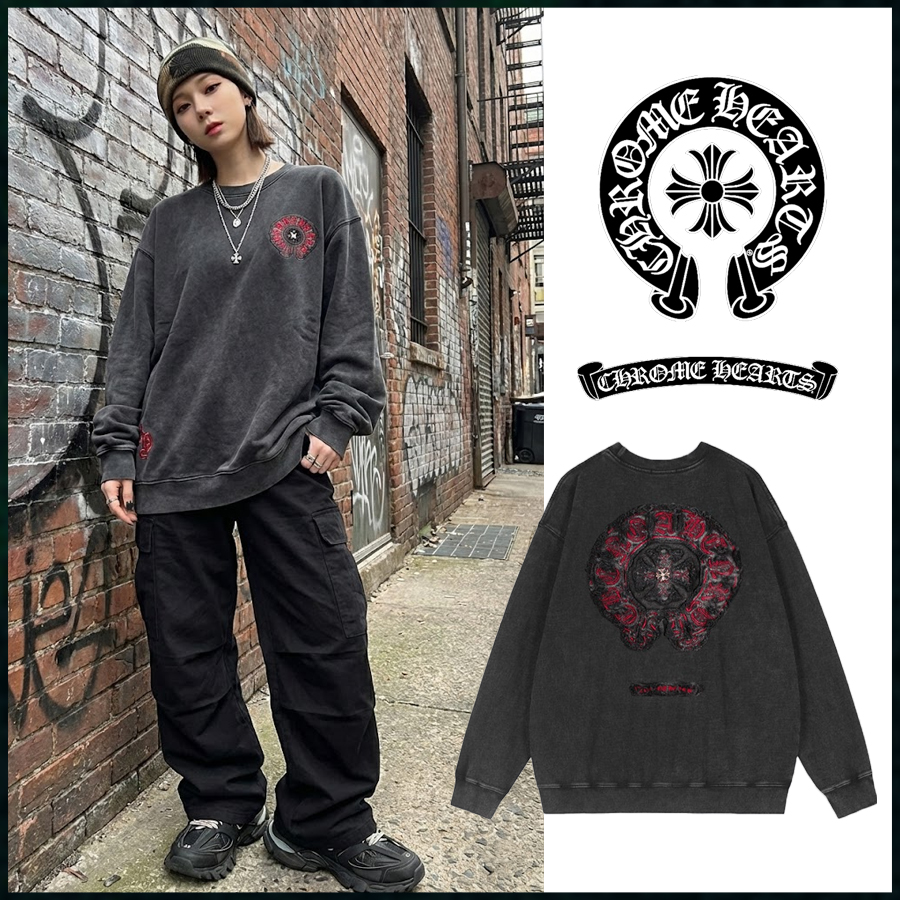 크롬하츠 빈티지 데님 패치 레드 크로스 가먼트다잉 맨투맨 풀오버