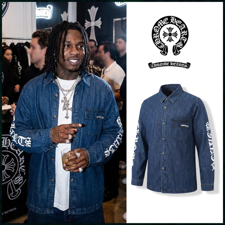 크롬하츠 이니셜 레터링 포인트 데님 셔츠